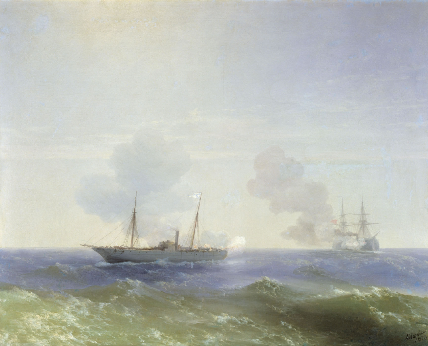И. Айвазовский. Бой парохода "Веста" с турецким броненосцем "Фехти-Буленд" в Чёрном море 11 июля 1877 года. 1877. 