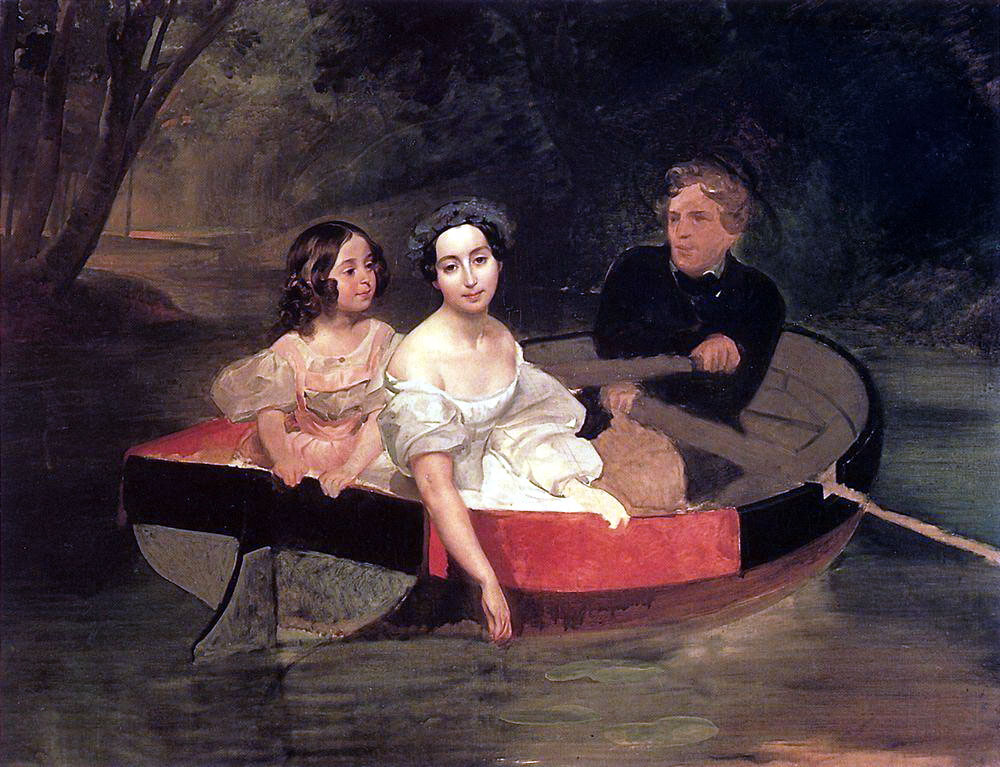 К. Брюллов. Портрет автора и баронессы Е. Н. Меллер-Закомельской с девочкой, в лодке. 1833-1835.
