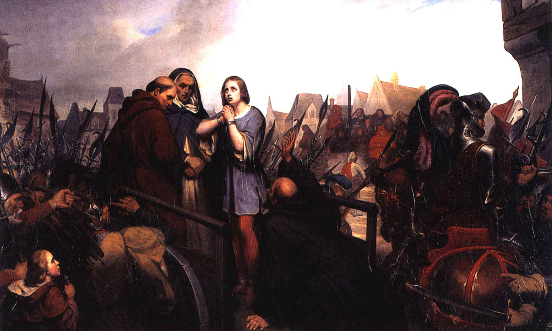 Анри Шеффер. "Жанна д'Арк на площади Руана и священник, предавший её, взывает прощения". 1835.