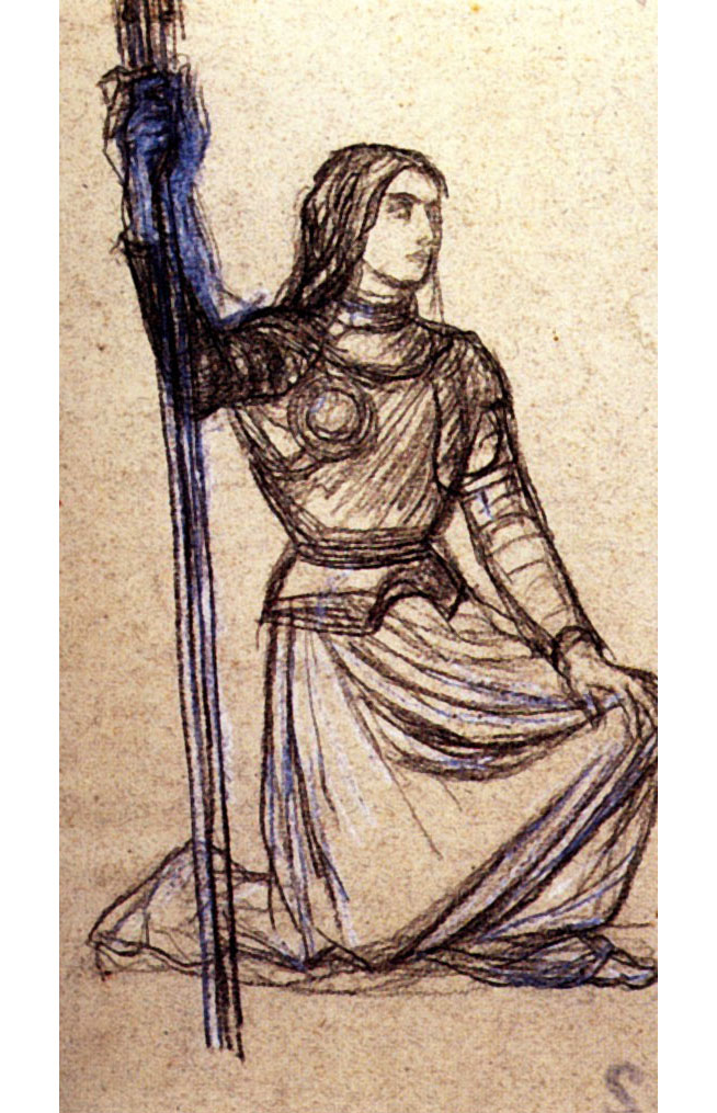 Эрнест Эбер. "Жанна д'Арк в доспехах, стоя на правом колене с пикой в руке". 1837.