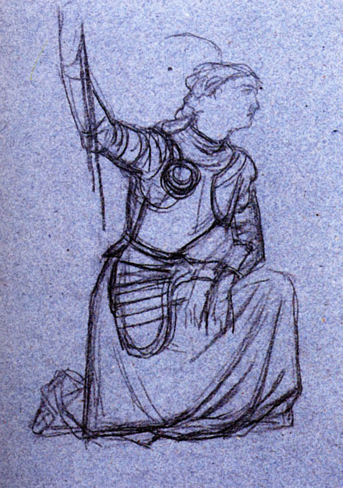 Эрнест Эбер. "Жанна д'Арк в доспехах, на правом колене с пикой в руке". Эскиз. 1837.