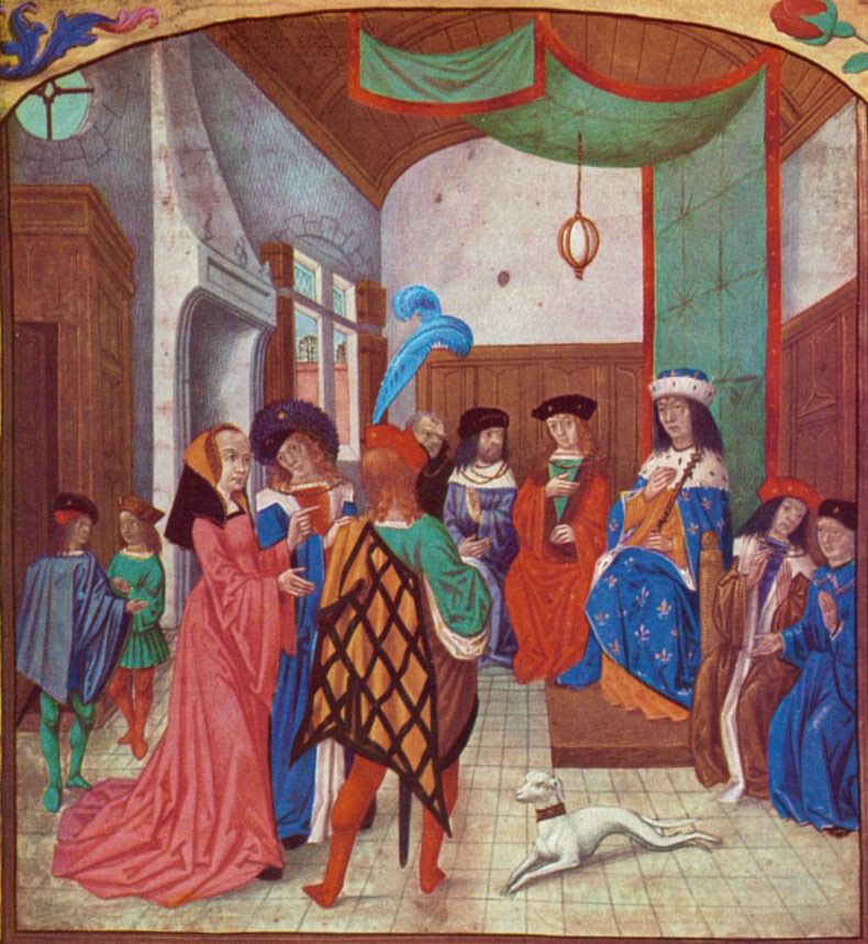 "Жанна д'Арк перед королём". Миниатюра XV века.