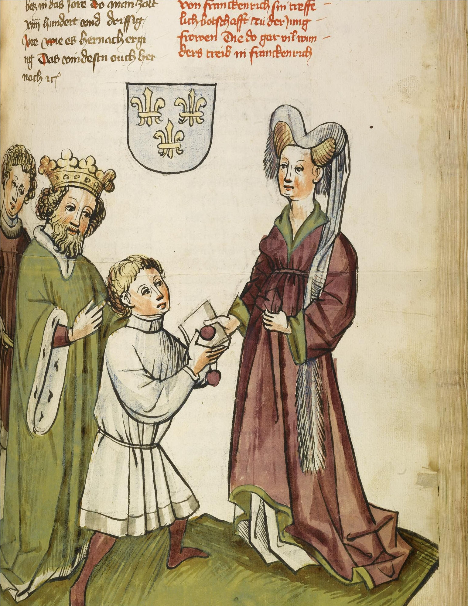 Иллюстратор из мастерской Лаубера. "Жанна д'Арк вручает грамоту Карлу VII@/ 1445-1450/
