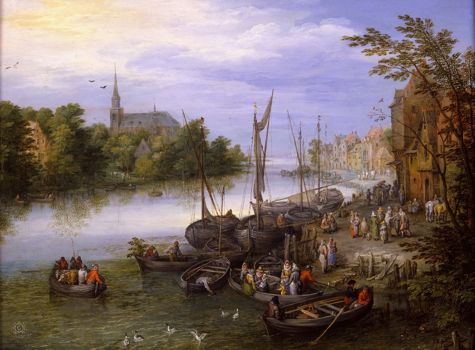 Ян Брейгель Старший. "Пейзаж с деревней и пристанью на берегу реки". около 1610. Частная коллекция.