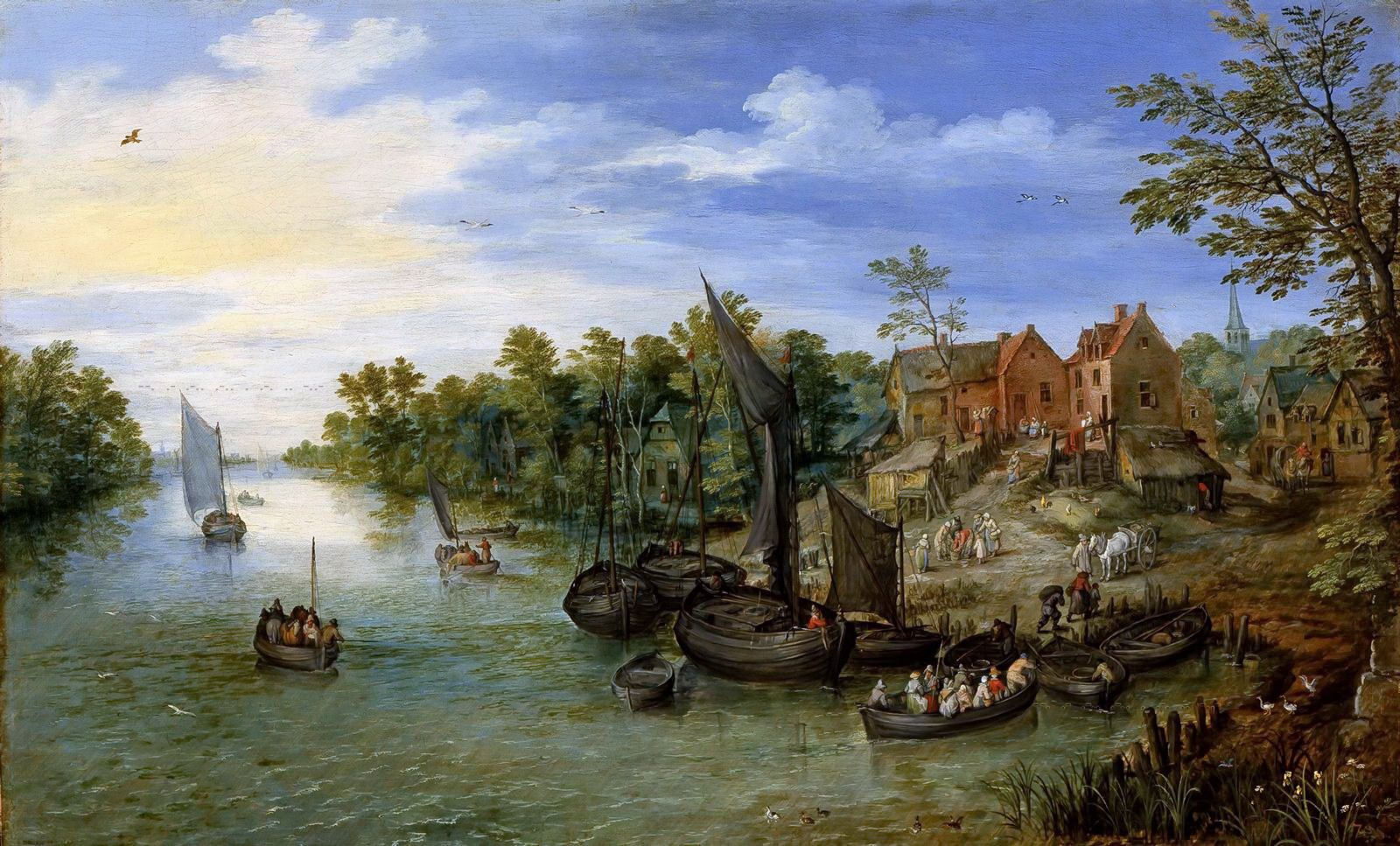 Ян Брейгель Старший. "Пейзаж с деревней у реки". 1612. Музей искусств, Индианополис.