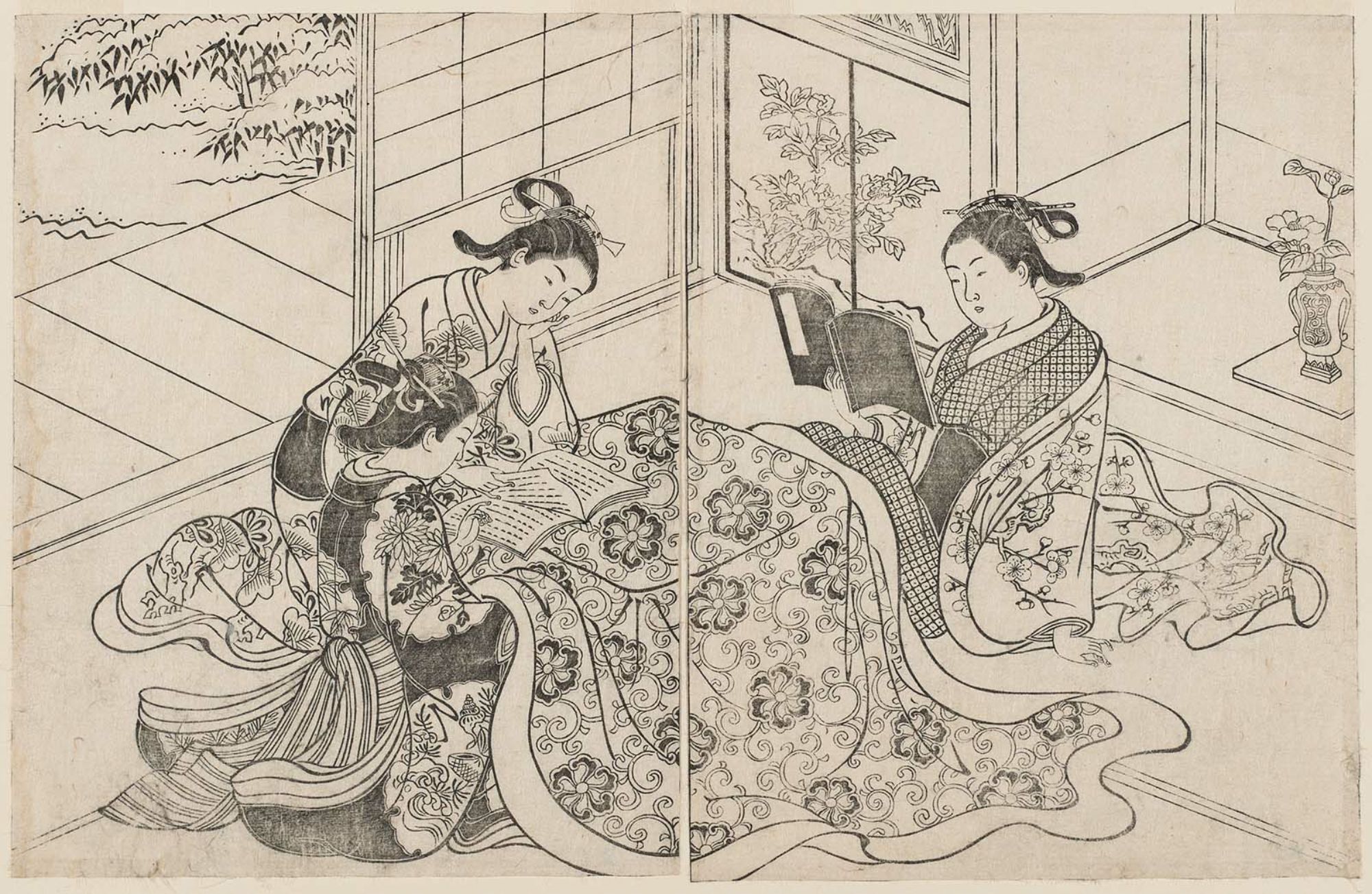 Нисикава Сукэнобу. Три девушки, читающие книги за котацу.