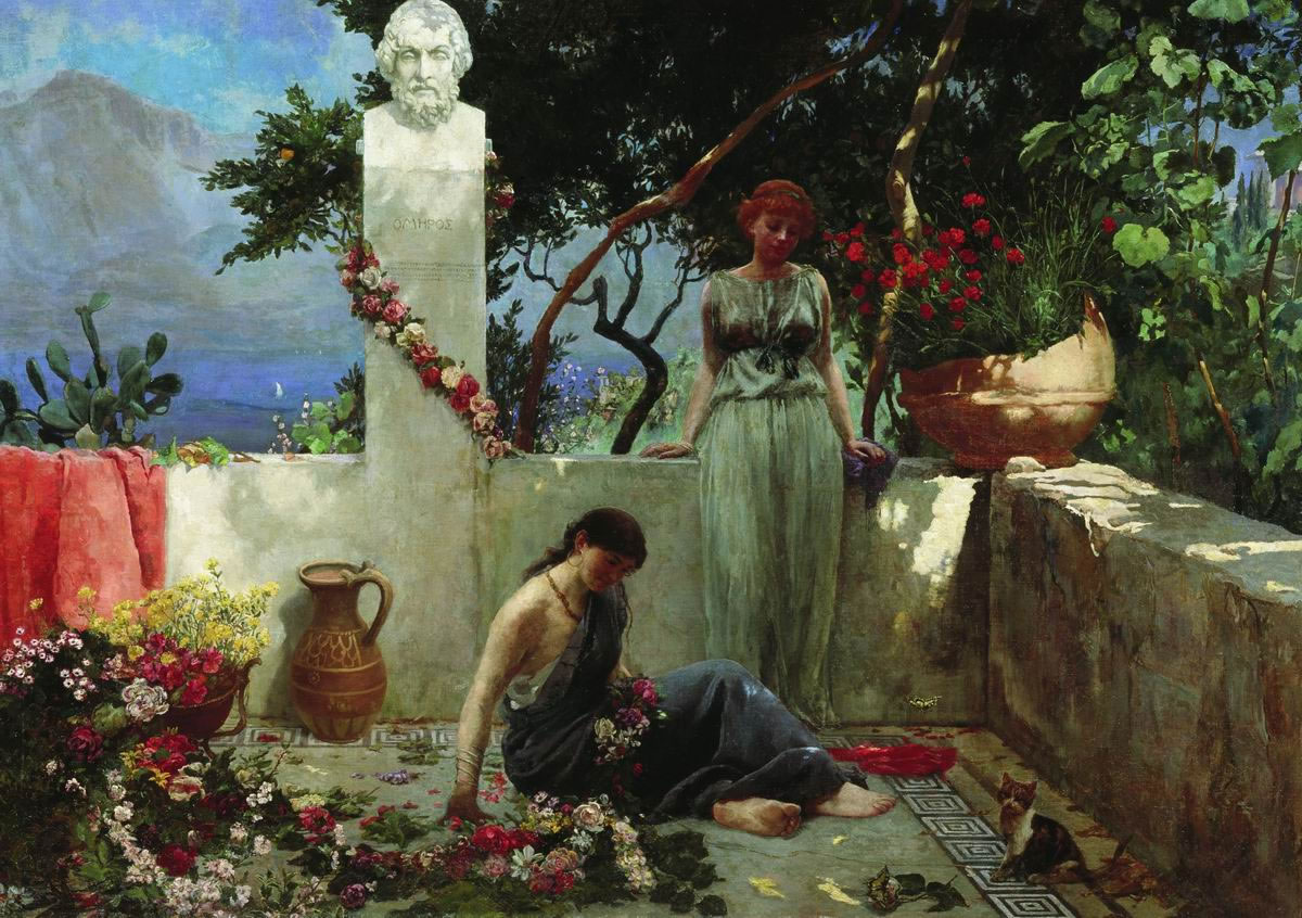 Генрих Семирадский. Девушки на террасе у бюста Гомера. 1890-е.