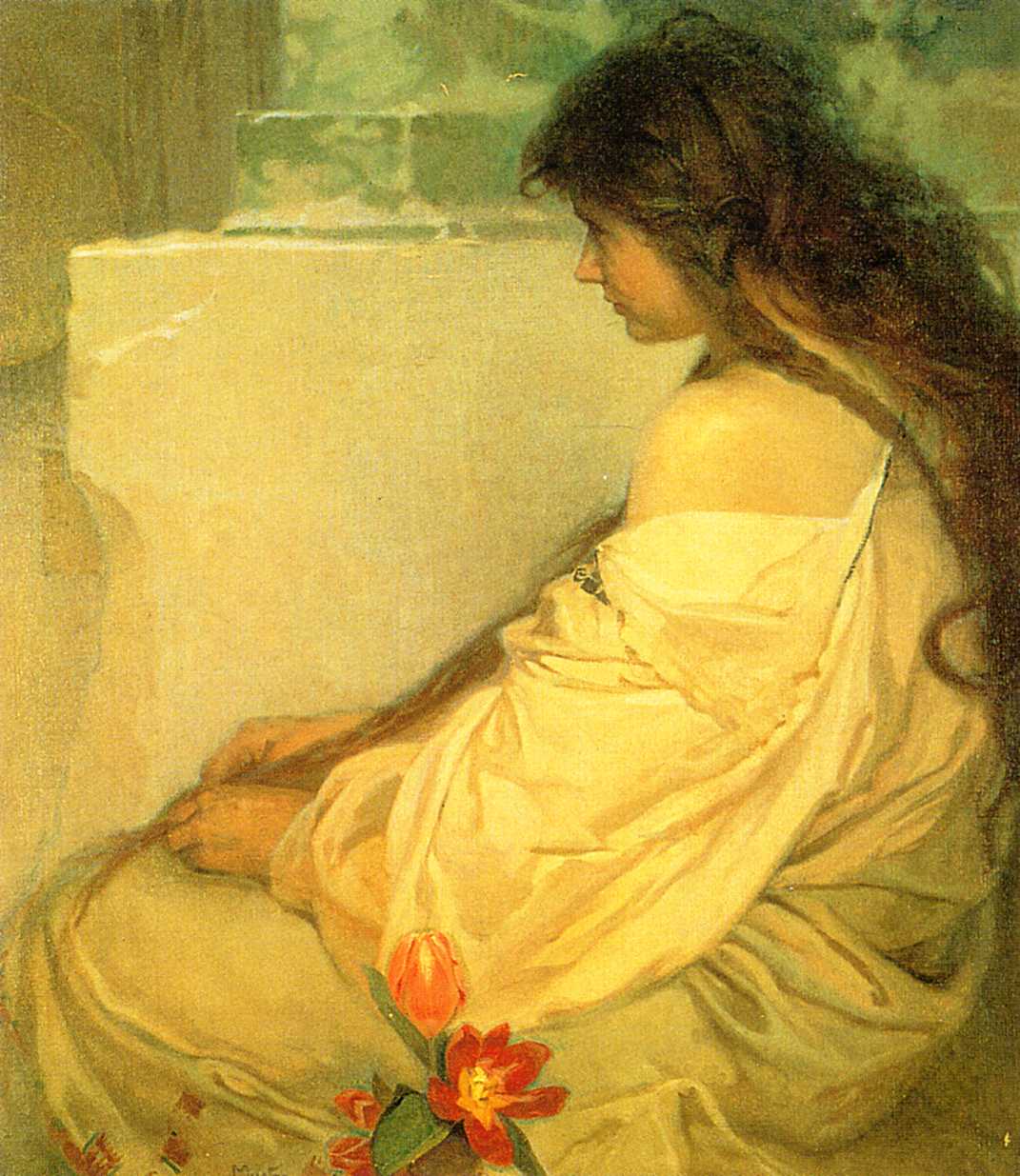 Альфонс Муха. Девушка с распущенными волосами и тюльпанами. 1920.