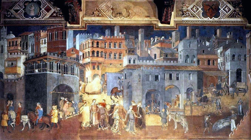 Амброджо Лоренцетти. "Плоды доброго правления в городе". Фреска в Зале Мира (Зале Девяти) в Палаццо Публико в Сиене. 1338-1340.