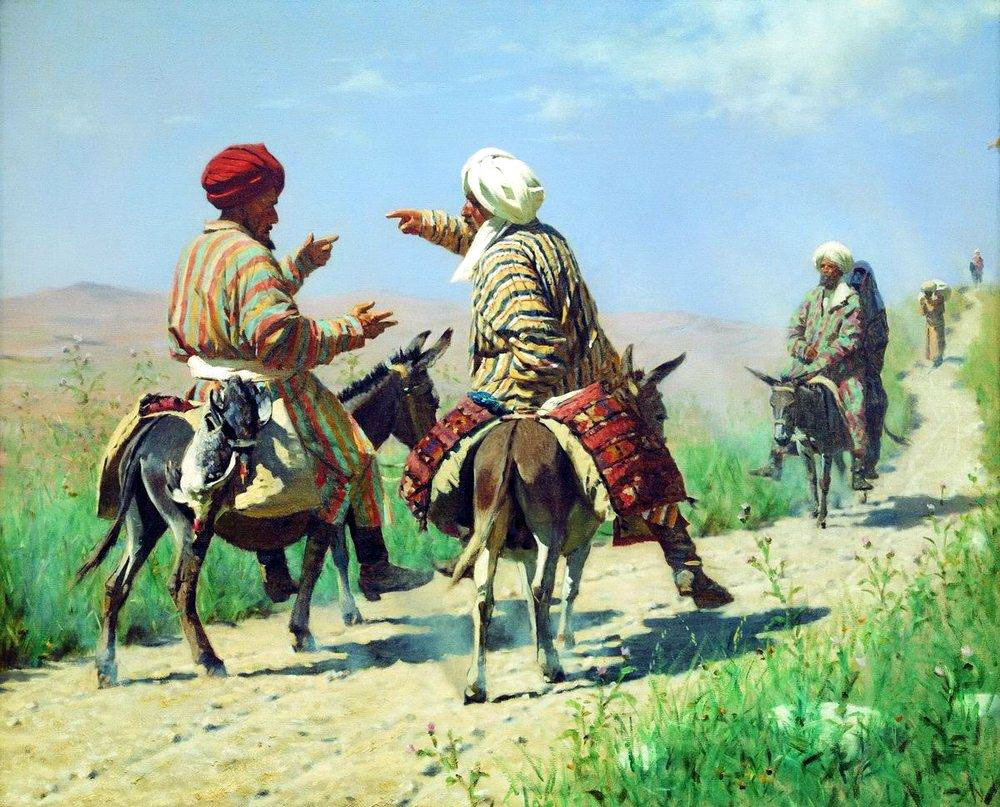 Василий Верещагин. Мулла Рахим и мулла Керим по дороге на базар ссорятся. 1873.