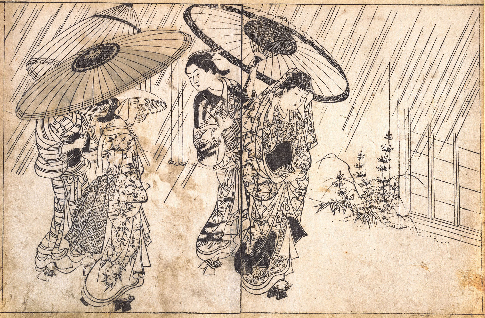 Нисикава Сукэнобу. "Дама с тремя служанками под дождём". 1731.