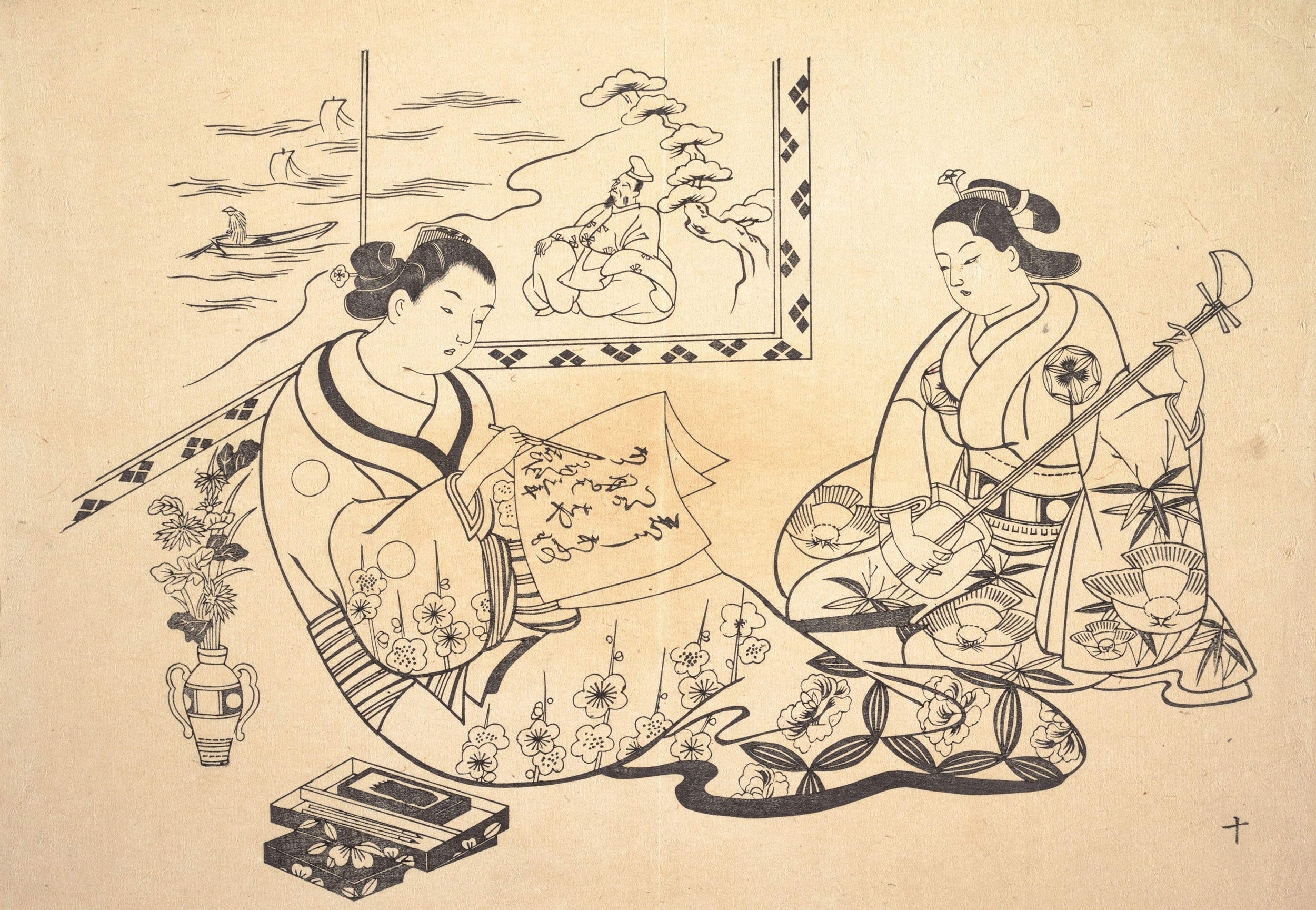 Окумура Масанобу. Две женщины, сидящие в салоне.