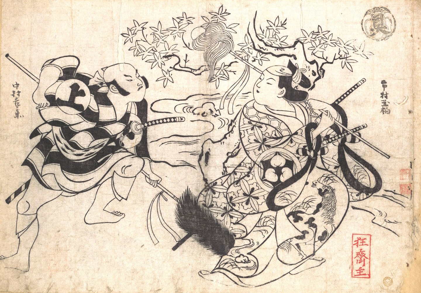 Окумура Масанобу. "Два актёра исполняют танец с копьями". 1710-1713.