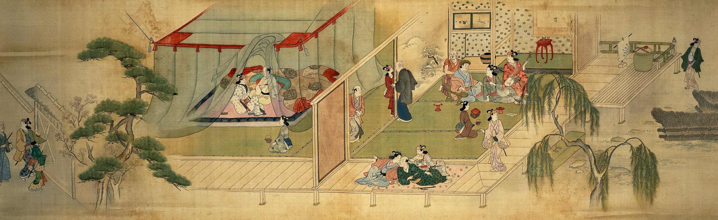 Моронобу Хисикава. "Театр. Чайхана, слева два самурая, входящие в ворота, куртизанка с клиентом под москитной сеткой, справа гостиный зал". 1685.
