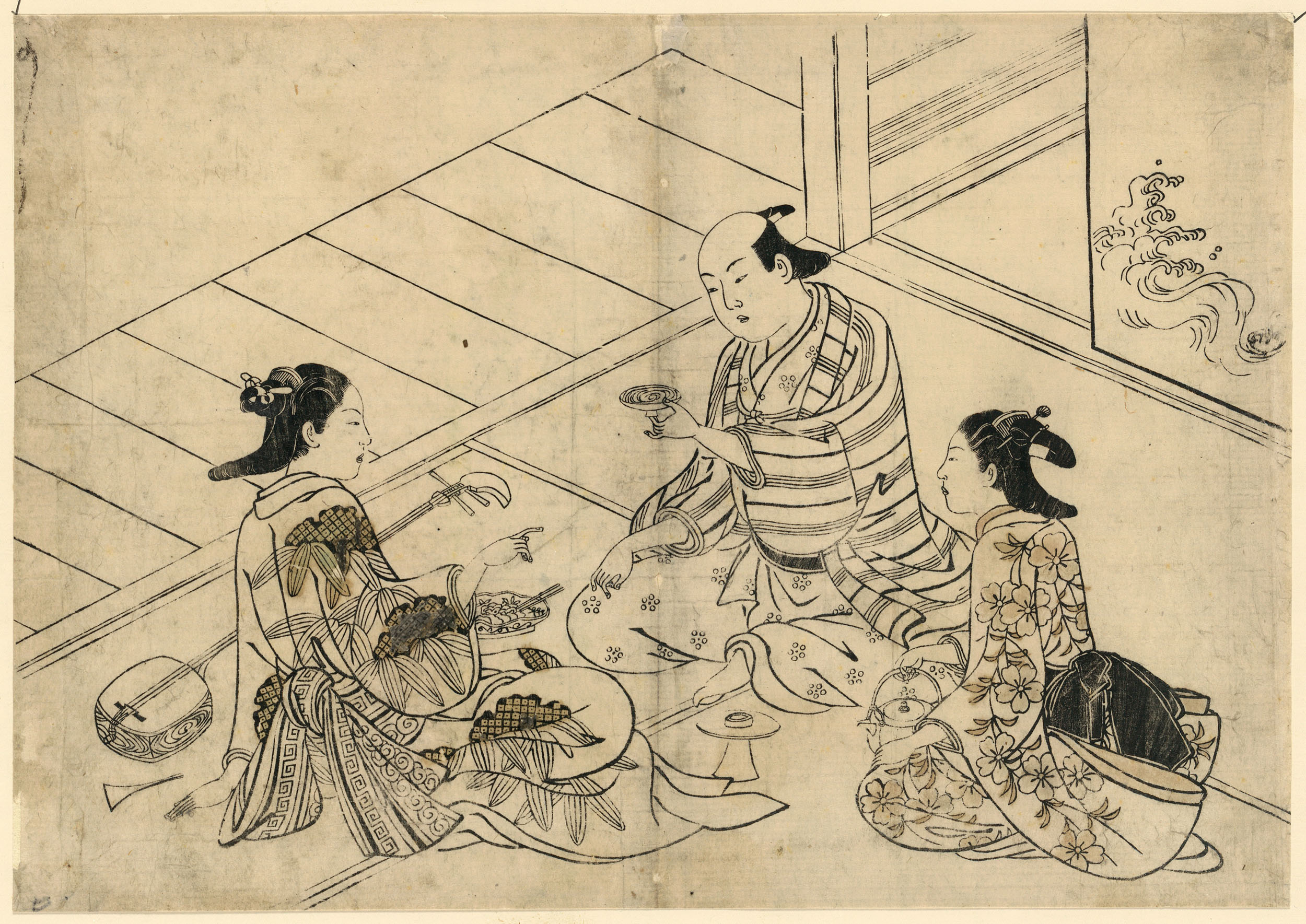Нисикава Сукэнобу. "Мужчина с двумя гейшами". Между 1716 и 1742.