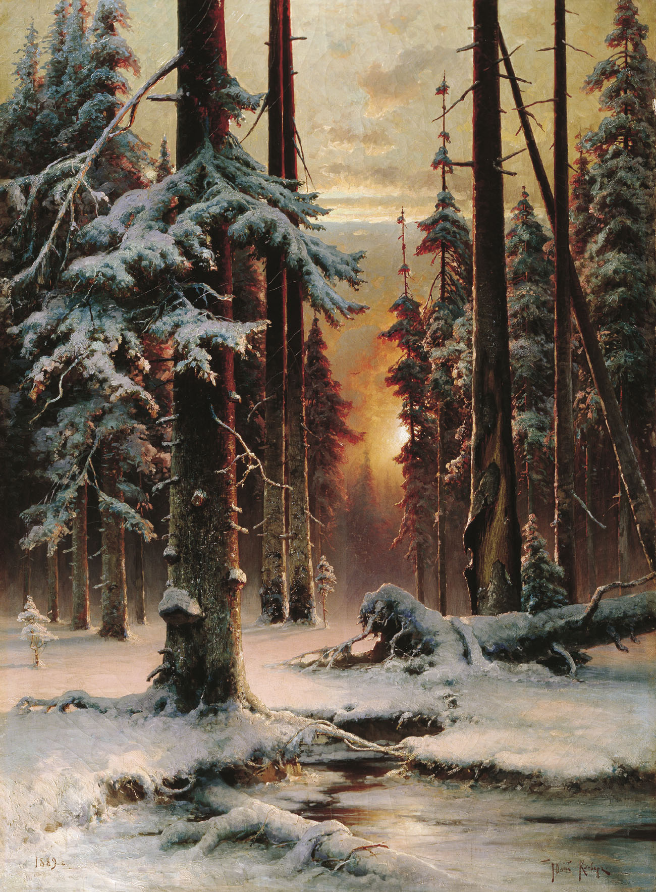 Юлий Клевер. "Зимний закат в еловом лесу. 1889.