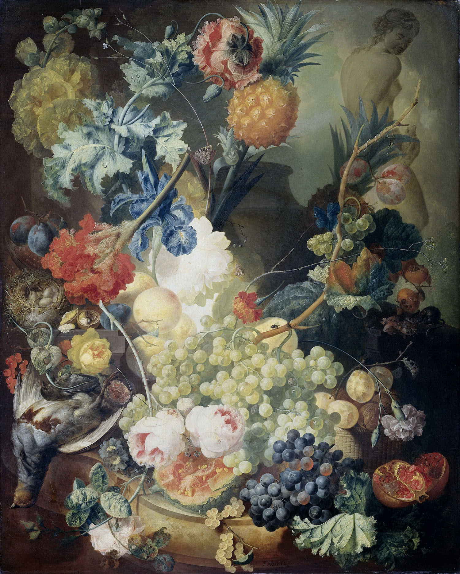 Ян ван Ос. Натюрморт с цветами, фруктами и фигурой. 1774.