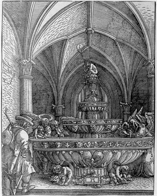 Альбрехт Альтдорфер. "Святое семейство у фонтана" 1512. Берлинский гравюрный кабинет, Берлин.