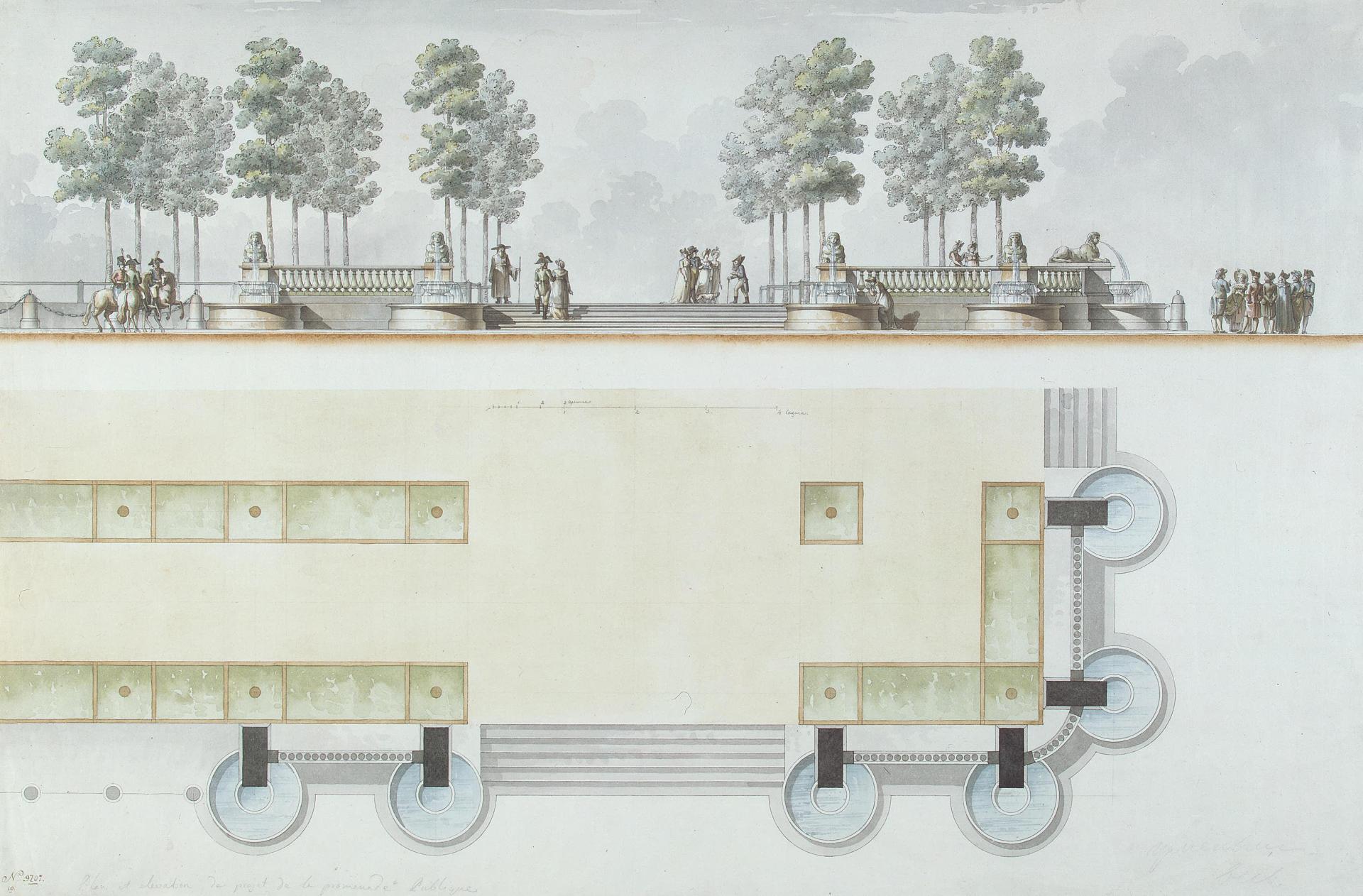 Джакомо Кваренги. "Террасса с фонтанами на бульваре. Фасад и план.". Начало 1800-х.