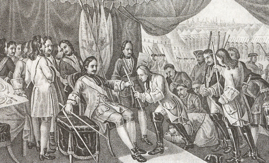 Пётр I после Полтавской победы возвращает пленным шведским генералам шпаги. 1709 год. 
