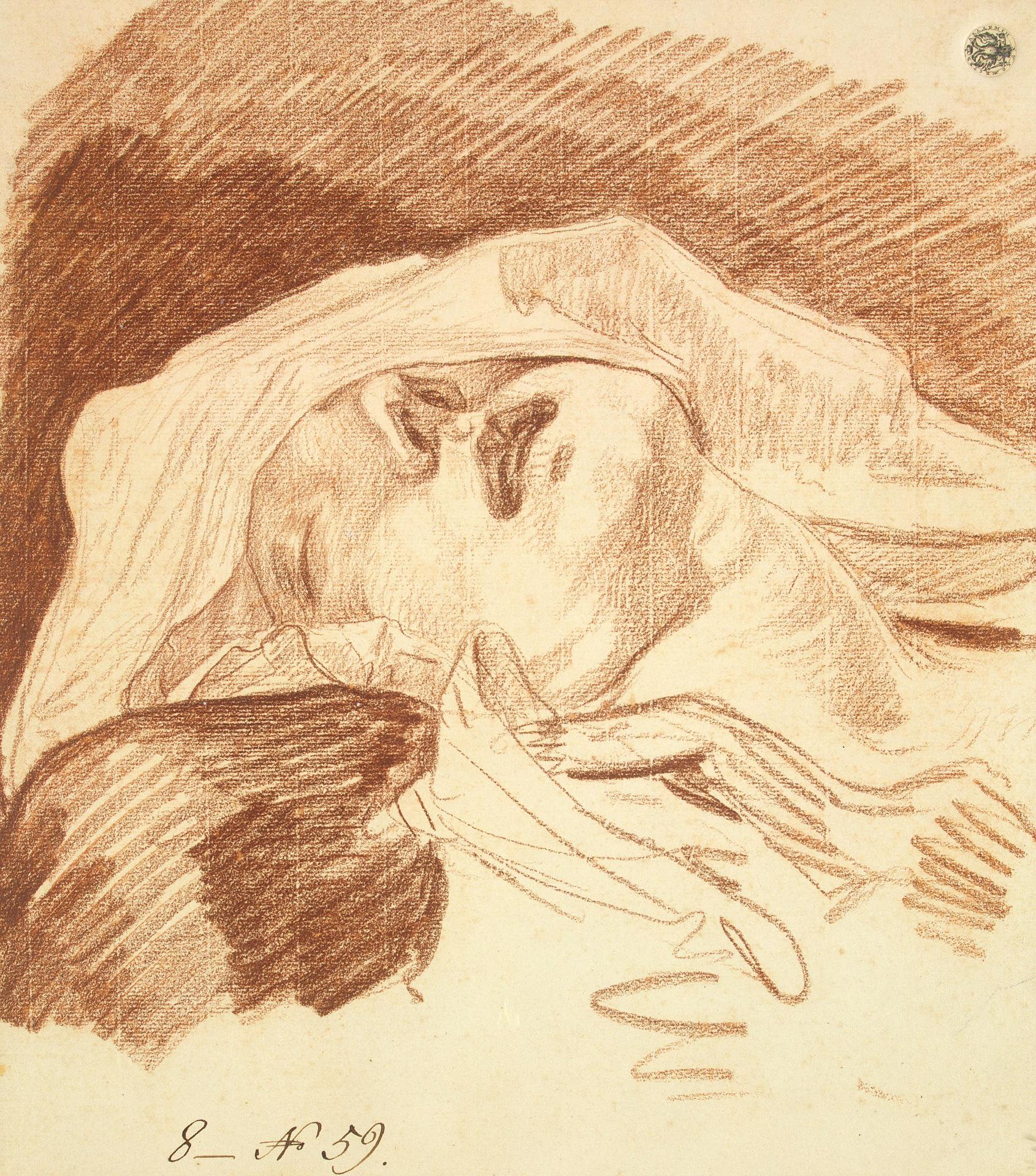 Жан-Батист Грёз. "Голова лежащей женщины с закрытыми глазами". 1760-е. Эрмитаж, Санкт-Петербург.