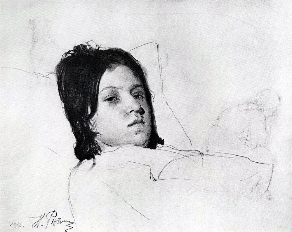 Илья Ефимович Репин. "Женская голова (В. А. Репина, лежащая в постели)". 1872.