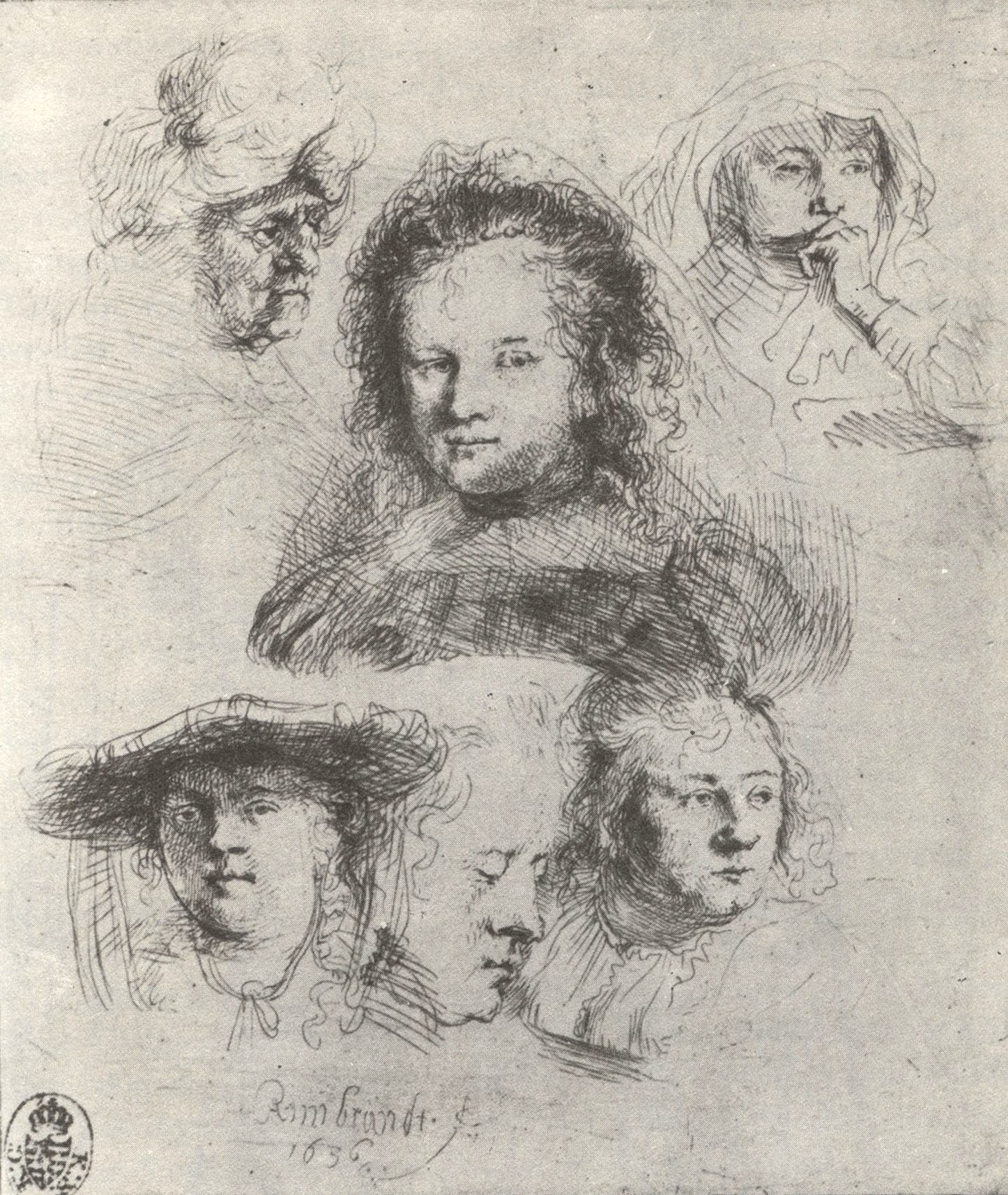 Рембрандт Харменс ван Рейн. "Штудийный лист с шестью женскими головами". Государственные художественные собрания, Дрезден.
