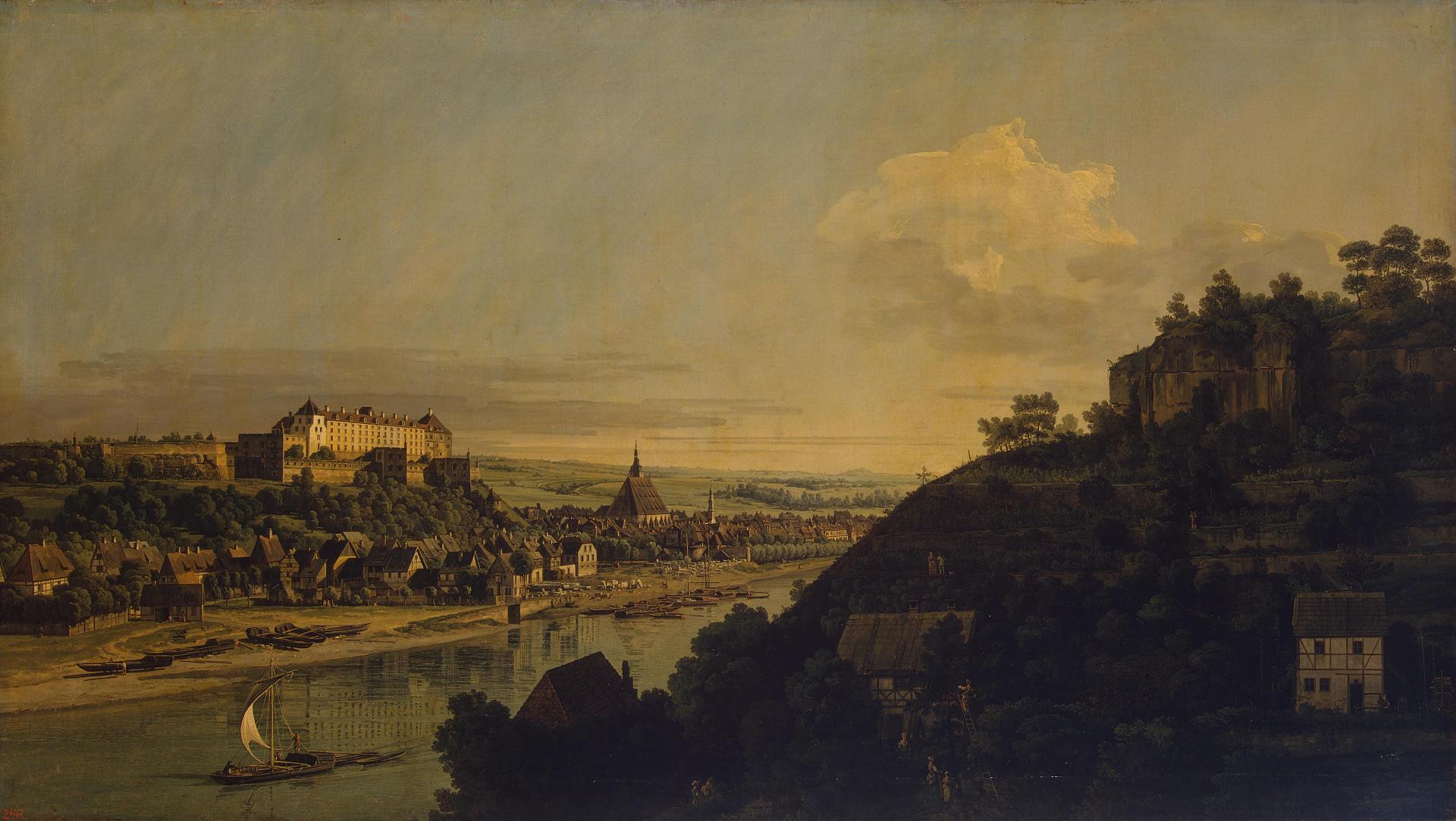 Бернардо Беллотто. "Вид Пирны с правого берега Эльбы выше города". Около 1753. Эрмитаж, Санкт-Петербург.