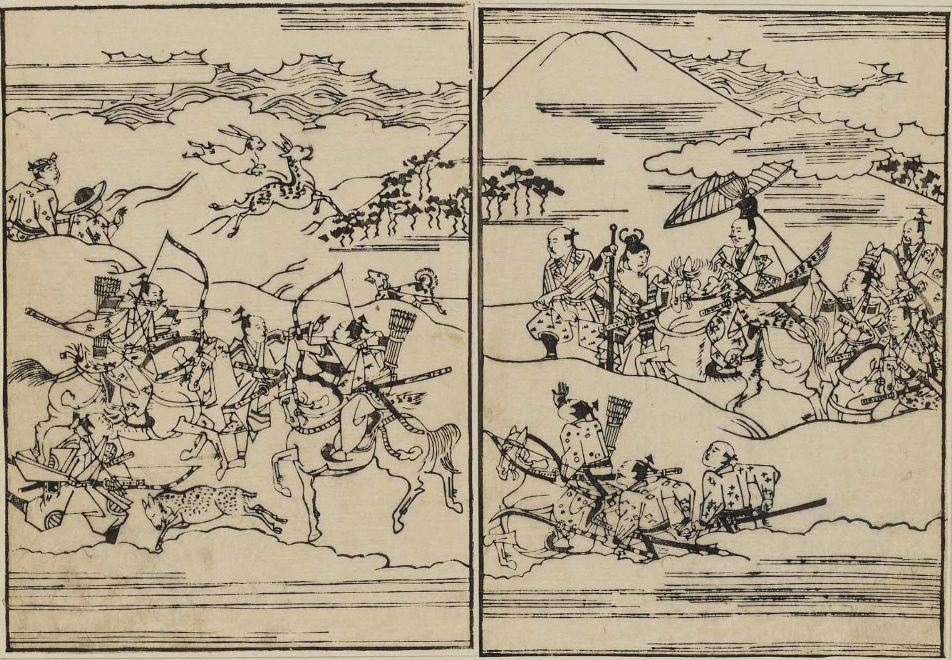 Моронобу Хисикава. Охота на фоне горы Фудзи. 1680-1690-е.
