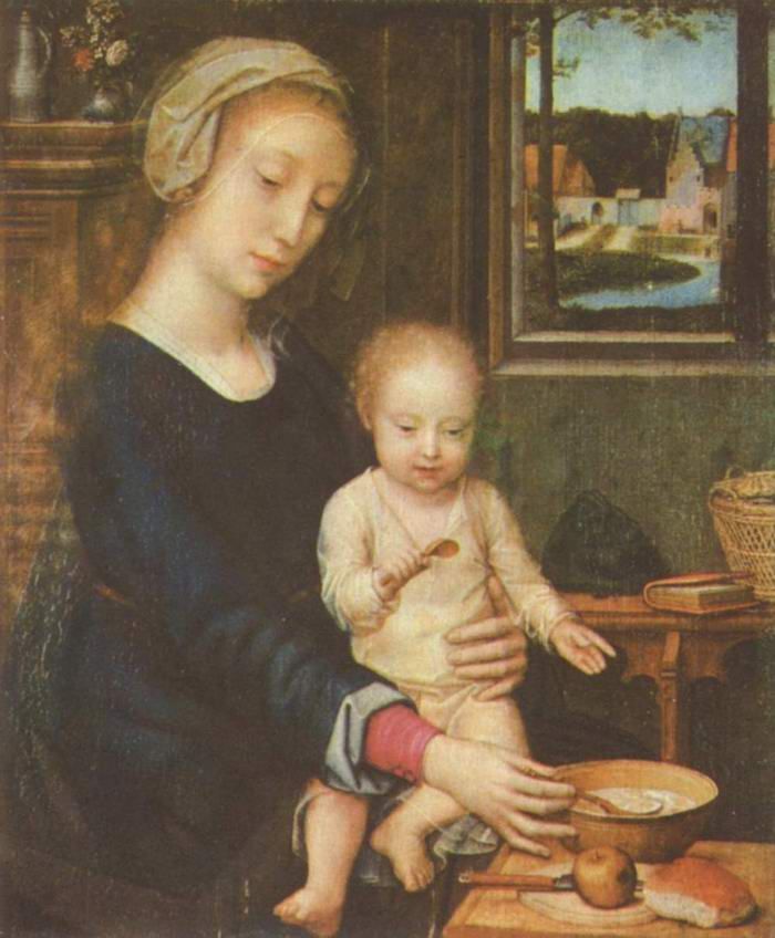 Герард Давид. "Мадонна кормит младенца Иисуса кашей".