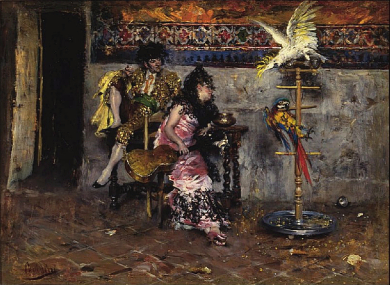 Джованни Больдини. "Коппия в испанском платье с двумя попугаями матадора".