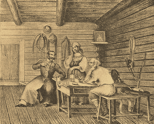 Ополченец 1812 года в крестьянской избе. Лубочная картина.