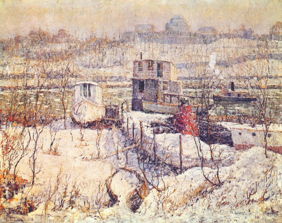 Эонест Лосон. "Эллинг на реке Харлем зимой". 1916.