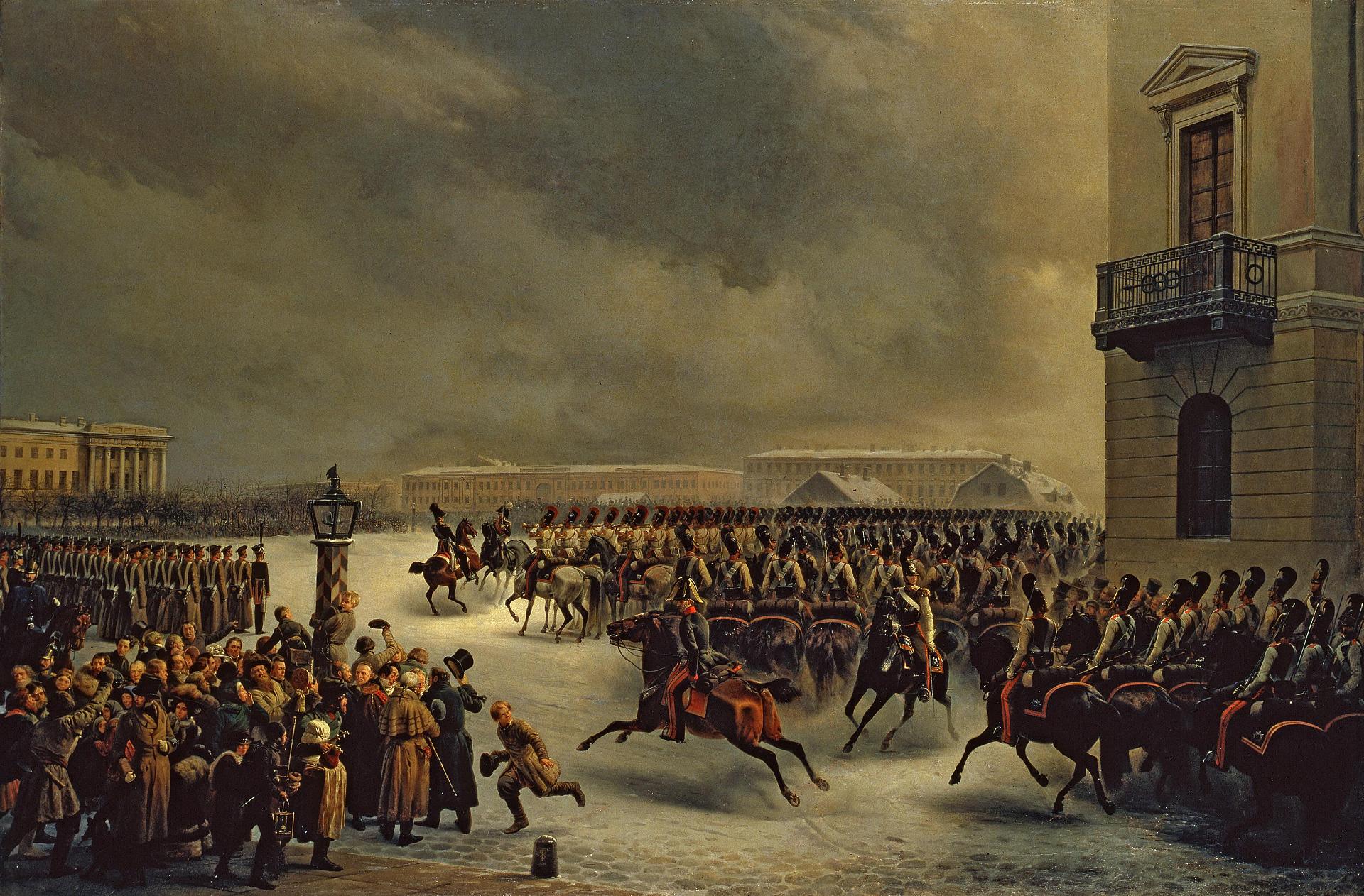 Василий Фёдорович Тимм. Лейб-гвардии Конный полк во время восстания 14 декабря 1825 года на Сенатской площади. 1853.