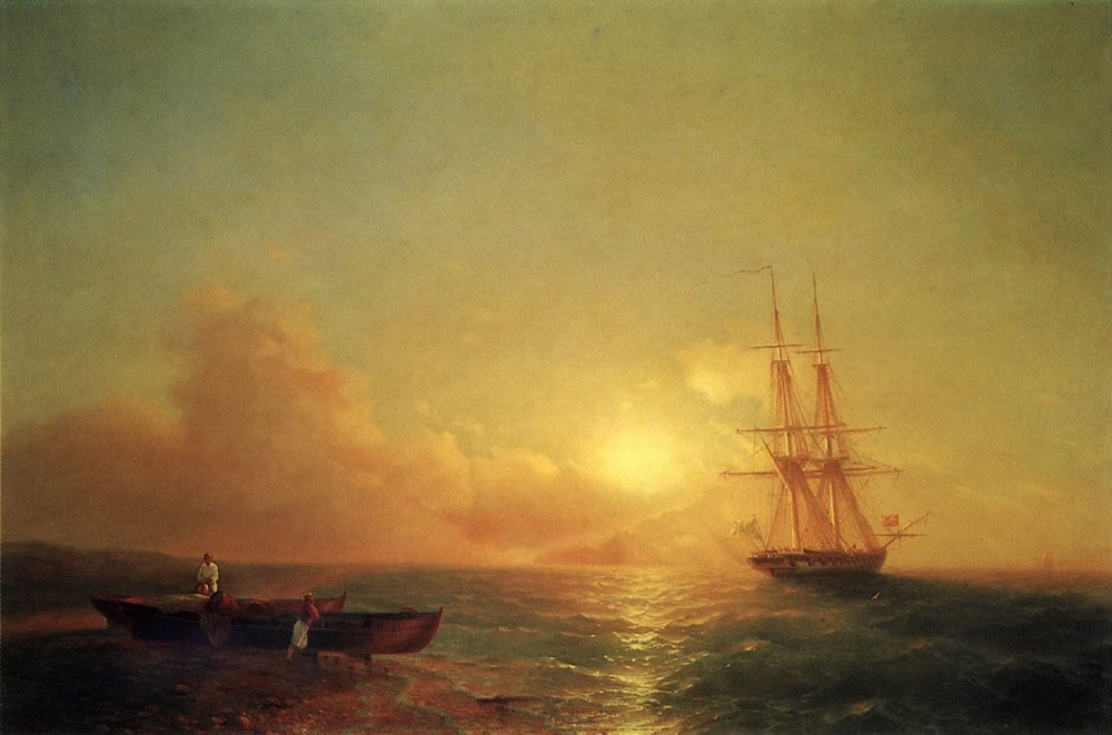 Иван Айвазовский. Двадцатишестипушечный корабль в виду берега. 1852.