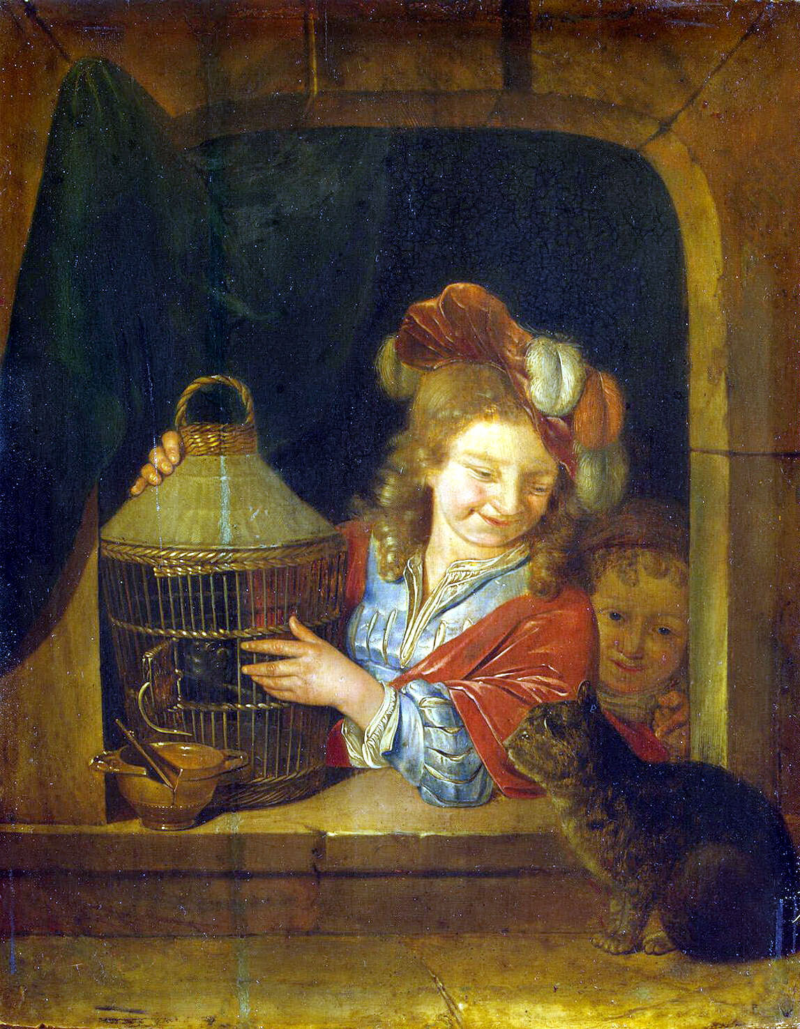 Эглон Хендрик ван дер Нер. "Дети с птичкой и кошкой". 1680-е. Эрмитаж, Санкт-Петербург.