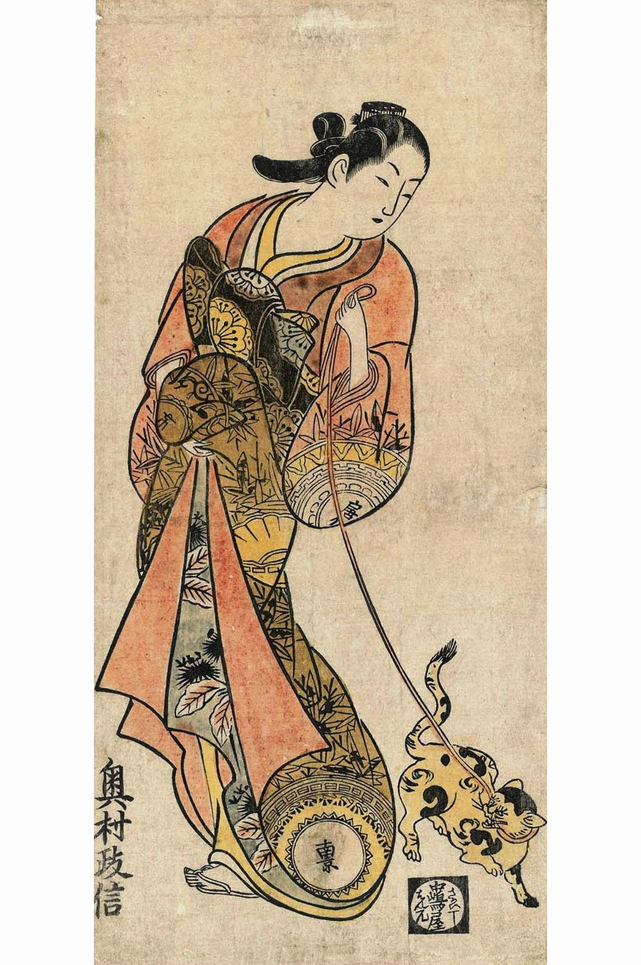 Окумура Масанобу. "Куртизанка с кошкой на поводке". Около 1725.