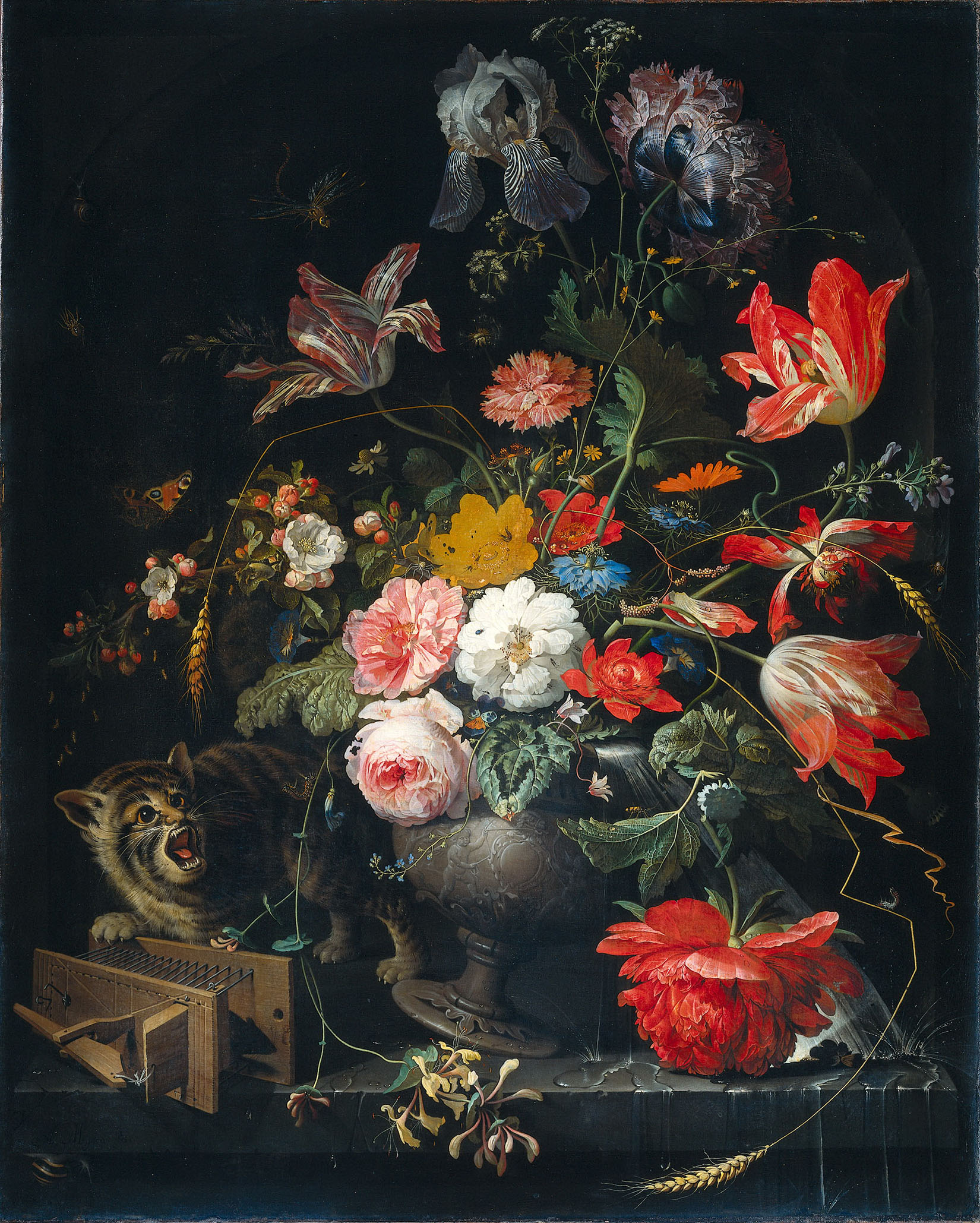 Абрахам Миньон. "Цветы в вазе, крысоловка и кот". 1660-1679.