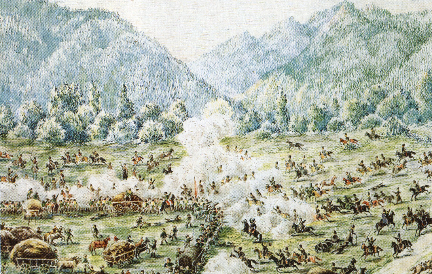 Е. Геевский. Нападение горцев на транспорт, следующий из крепости Усть-Лабинской 18 июля 1825 года. 1840-е.