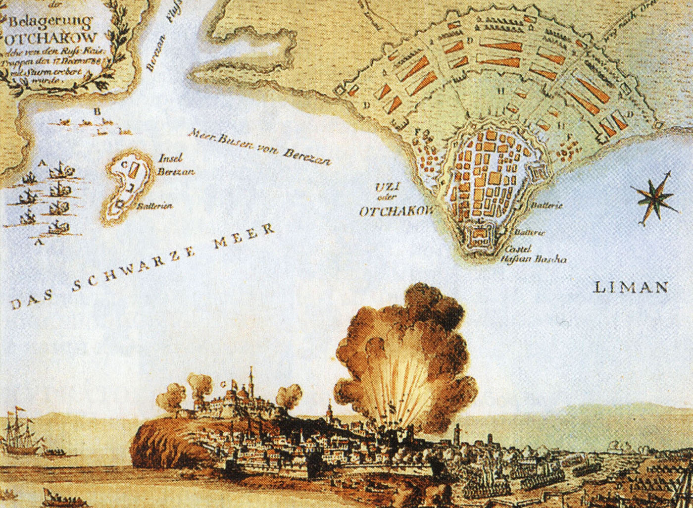 План турецкой крепости Очаков, взятой русскими войсками 6 декабря 1788 года. Раскрашенная гравюра. Австрия. 1790-е.