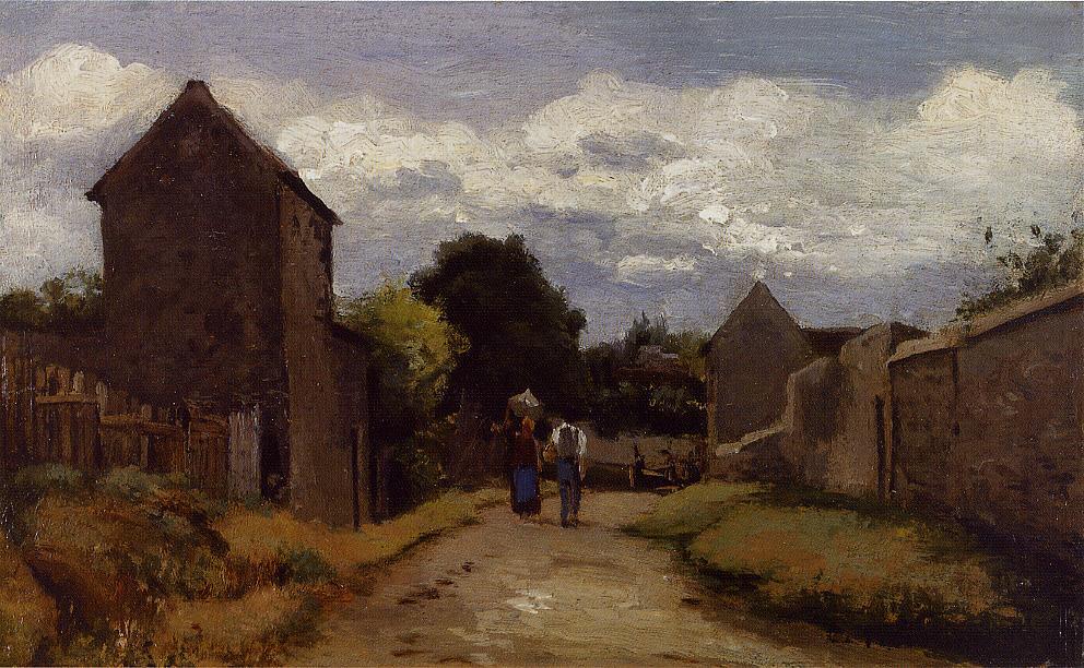 Камиль Писсарро. "Крестьянин и крестьянка на дороге через деревню". 1863-1865.