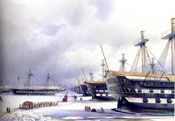 Л. Премацци. "Кронштадт. Военная гавань зимой". 1851.