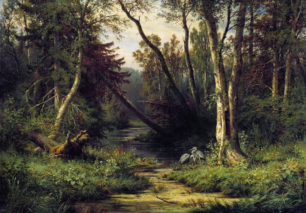 Иван Шишкин. Лесной пейзаж с цаплями. 1870.