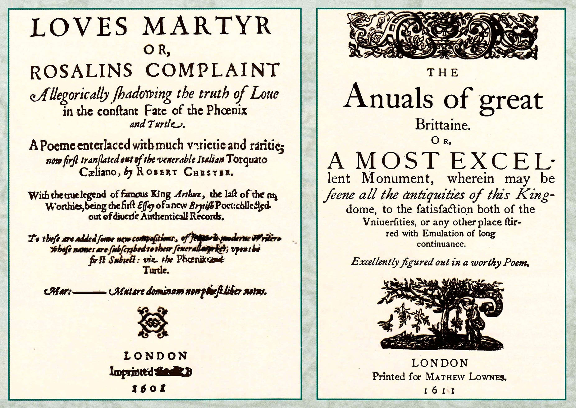Титульный лист фолджеровского экземпляра "Жертва любви", датированного 1601 годом. Титульный лист лондонского экземпляра: другая дата (1611 г.), другой печатник.
