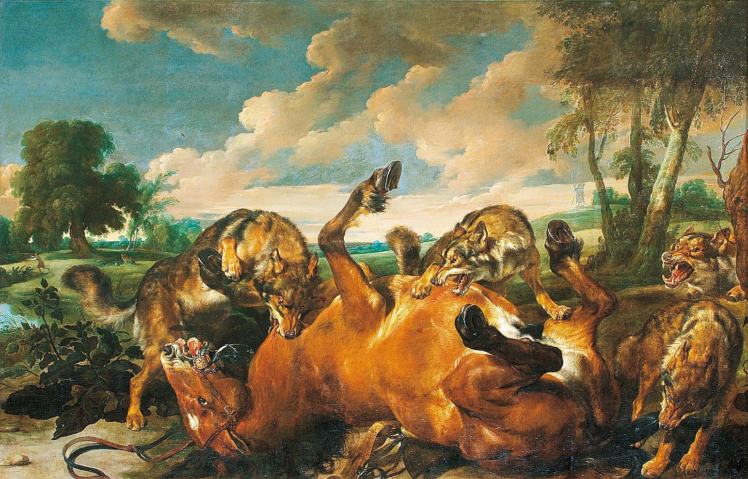 Паувель (Пауль) де Вос, Ян Вильденс (пейзаж). "Волки, напавшие на лошадь". Эрмитаж, Санкт-Петербург.