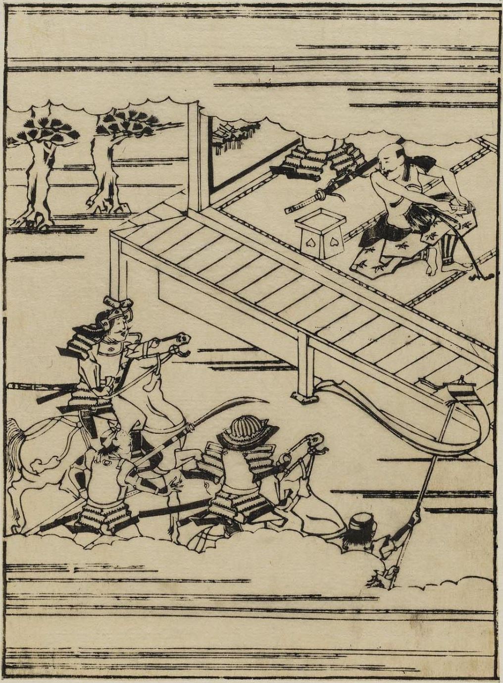 Моронобу Хисикава. "Самурай делает себе харакири при приближении воинов на лошадях". 1680-1690-е.