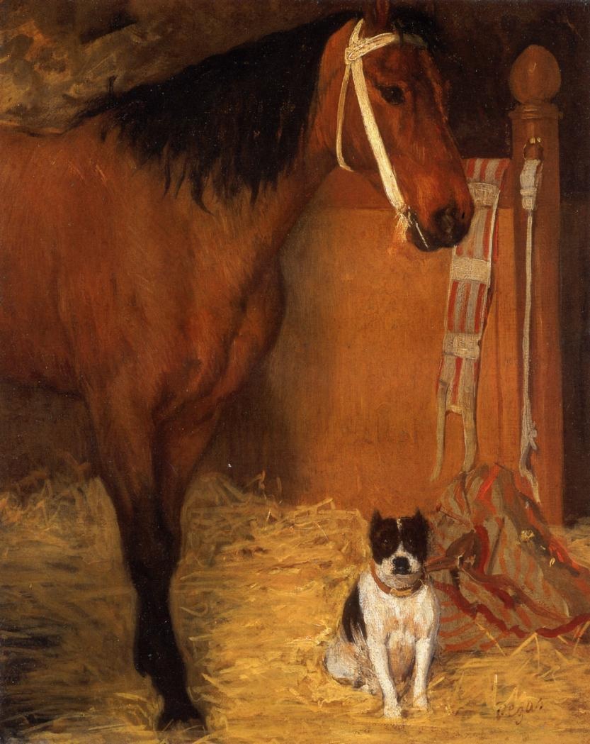 Эдгар Дега. Лошадь и собака в стойле". 1861. Частная коллекция.