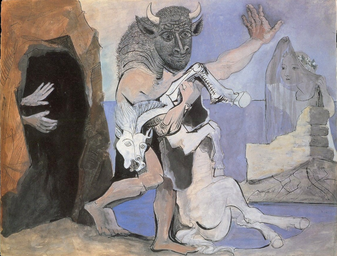 Пабло Пикассо. "Минотавр с мёртвой лошадью у пещеры перед девушкой в вуали". 1936. Музей Пикассо, Париж.