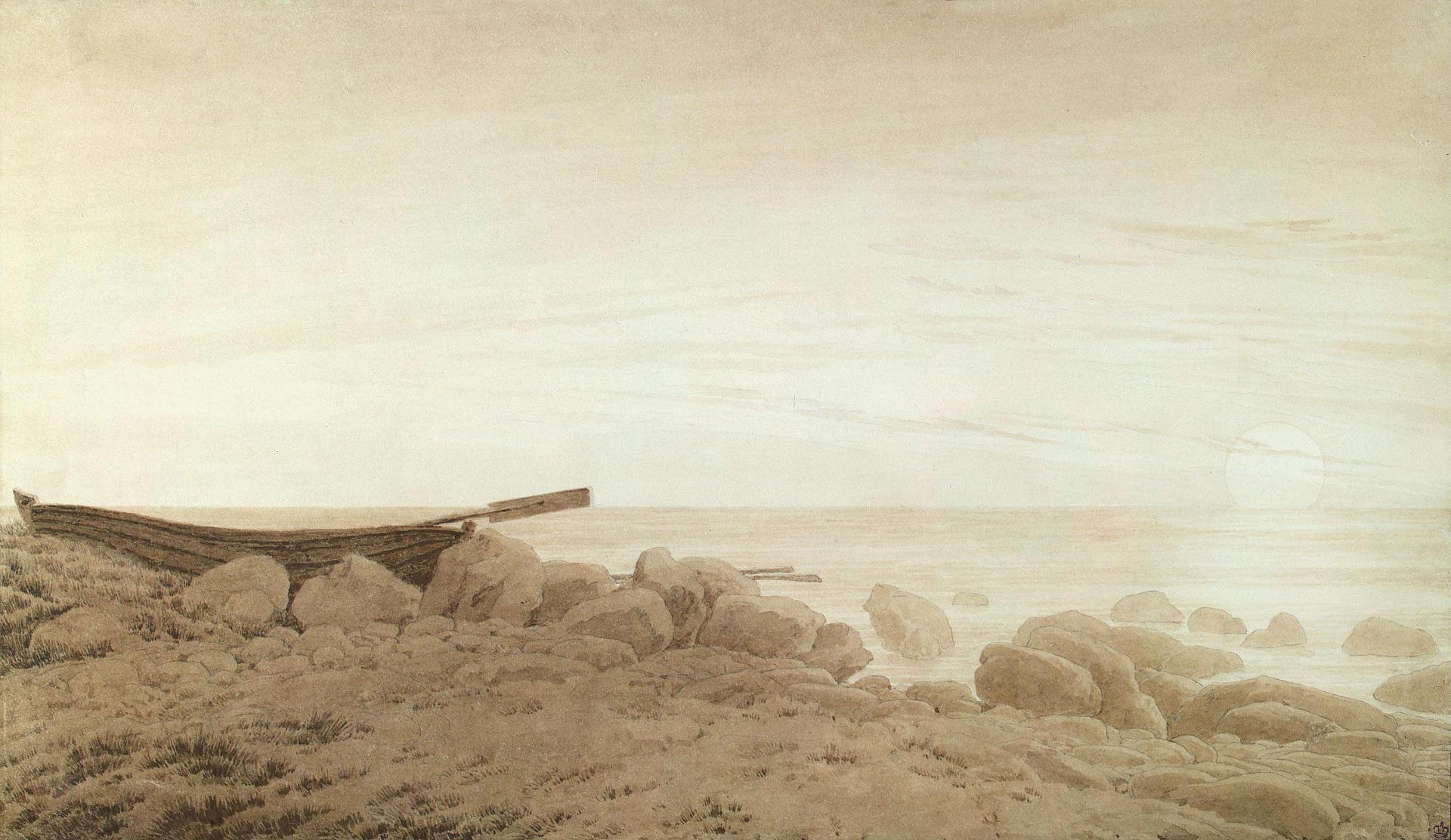 Каспар Давид Фридрих. "Лодка на берегу при восходе луны". Около 1837-1839.
