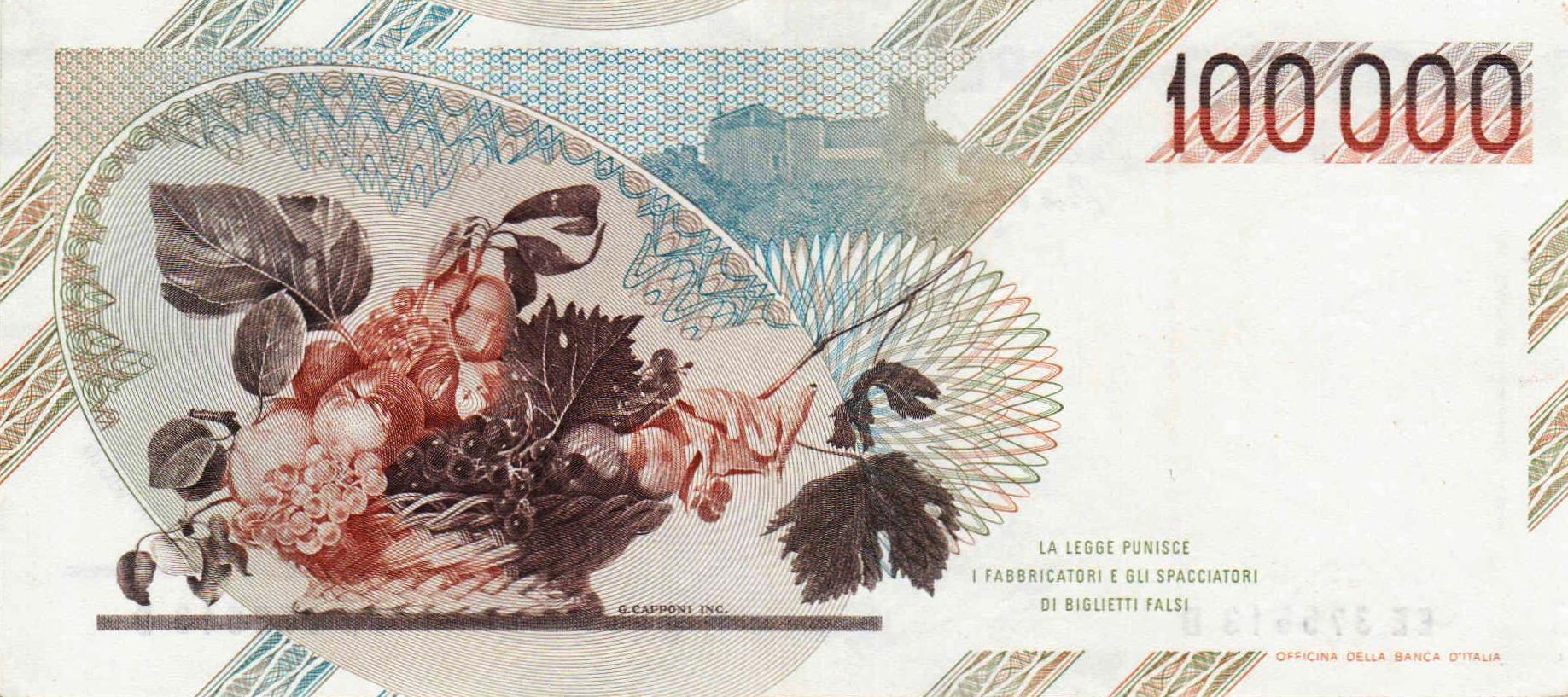 Итальянская банкнота в 100 тысяч лир с портретом Караваджо.